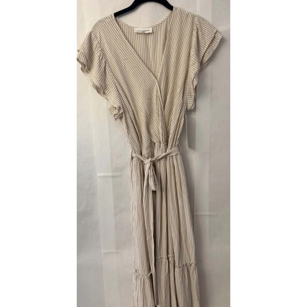 NWT LUCKY BRAND DRESS Maxi XL FLUTTER SLEEVE TAN WHITE Striped BOHO COTTAGECORE
